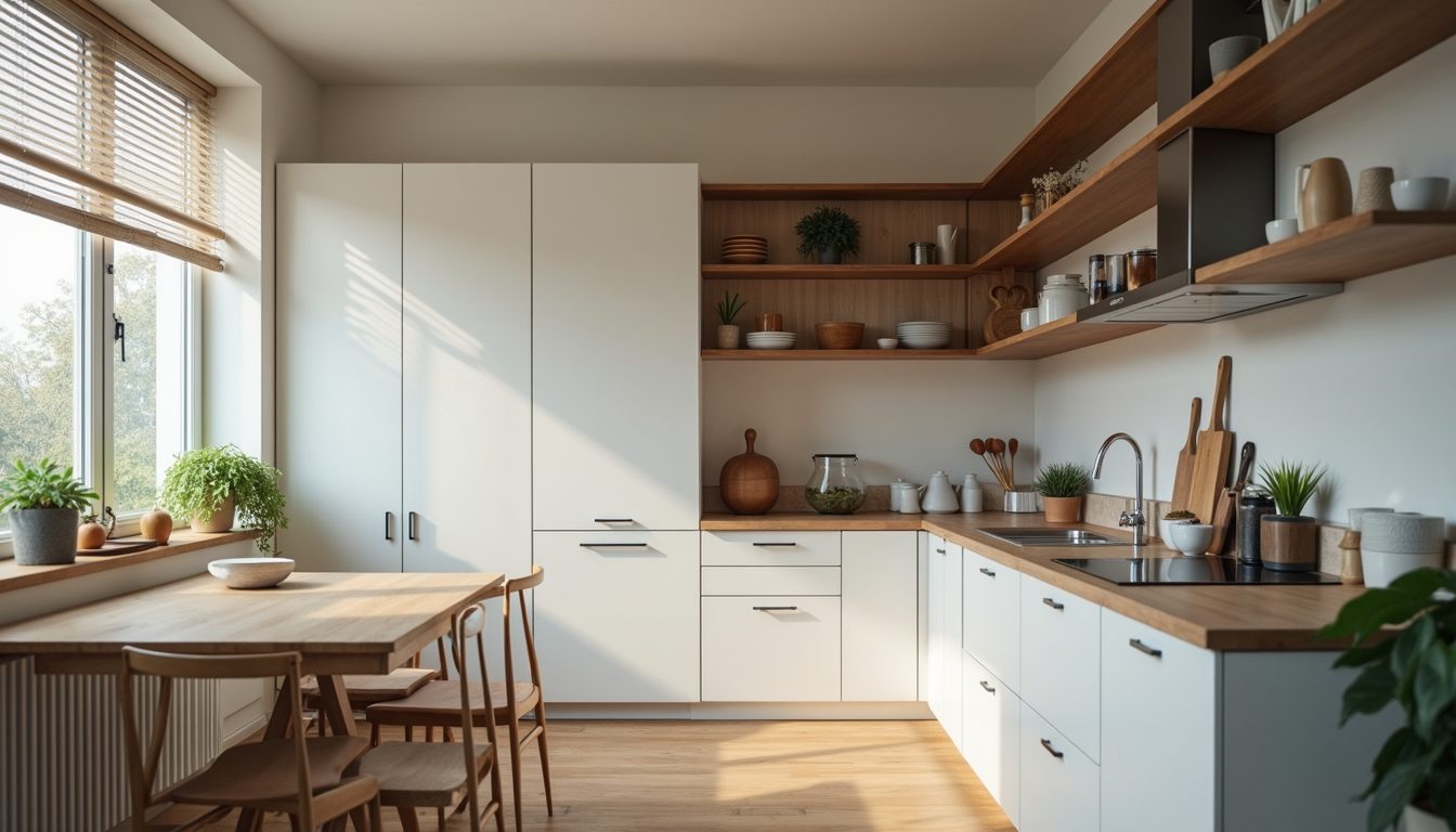 Eye-level view of a modern kitchen with organized cabinets
