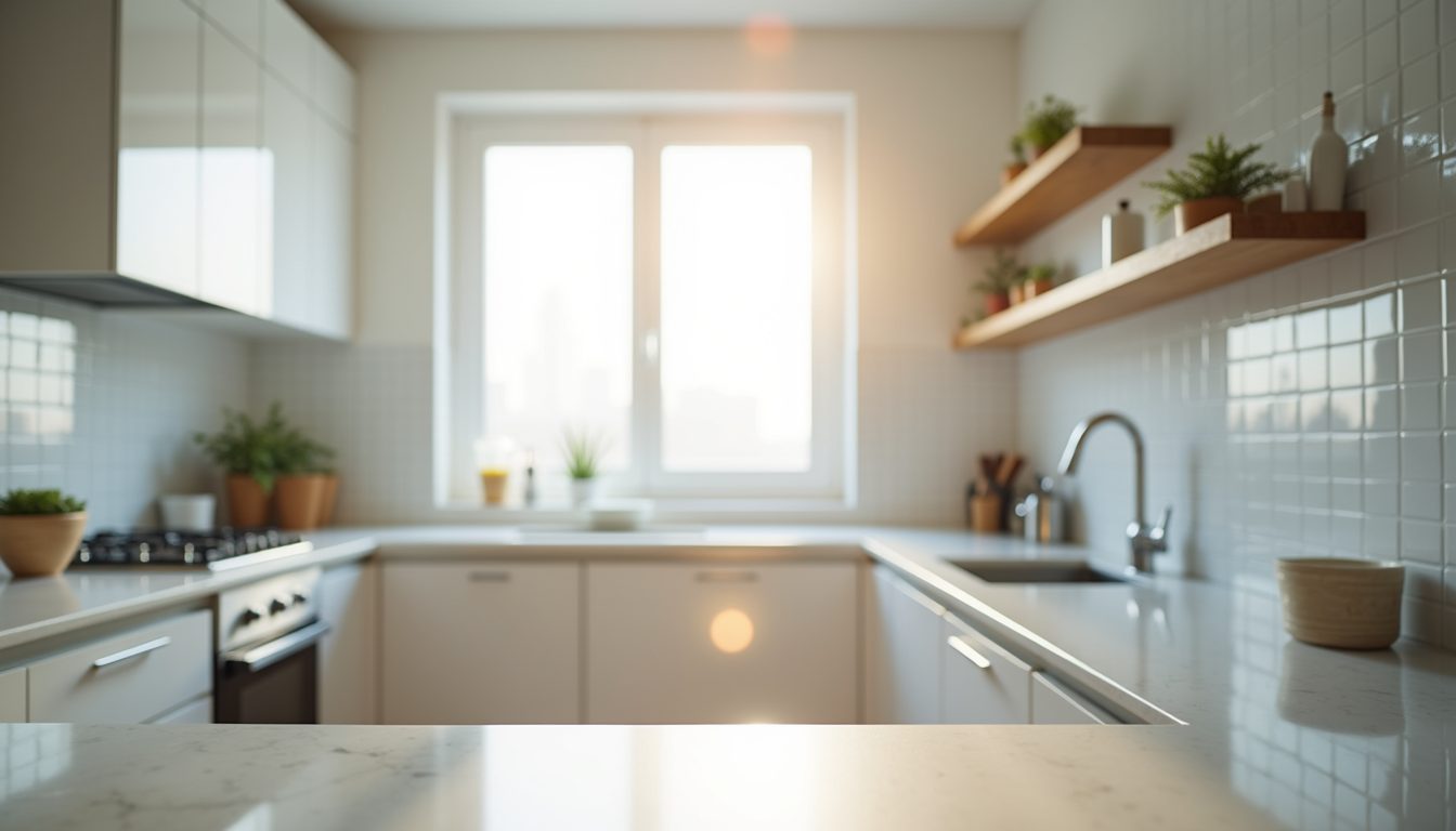 Wide angle view of a sparkling clean kitchen