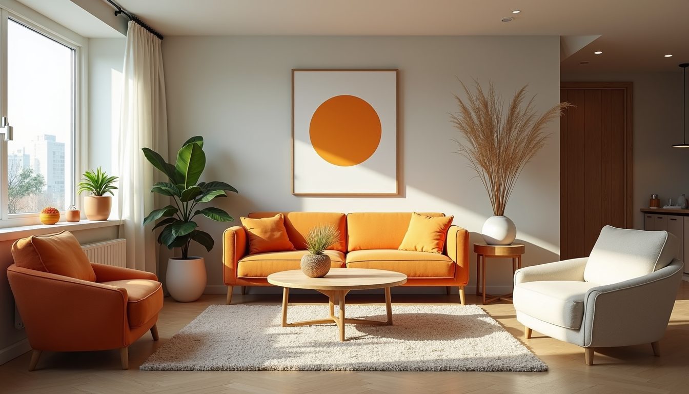 Eye-level view of a tidy living room with vibrant decor