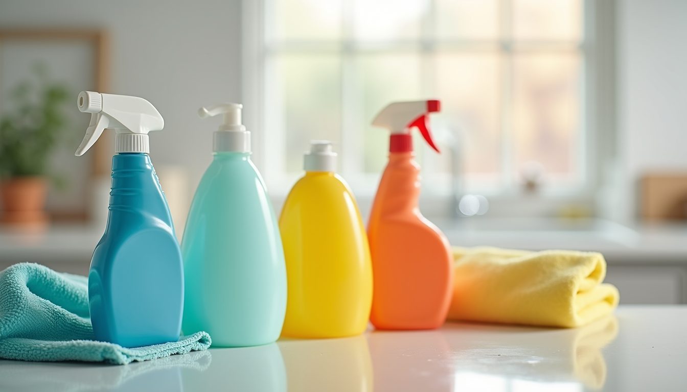 Close-up view of cleaning products lined up neatly