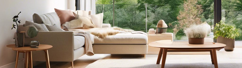 A bright, tidy living room with a view of trees