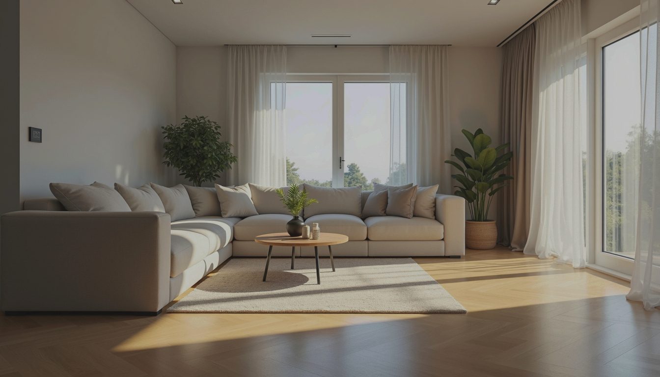 A bright, freshly cleaned living room with sunlight across the floor